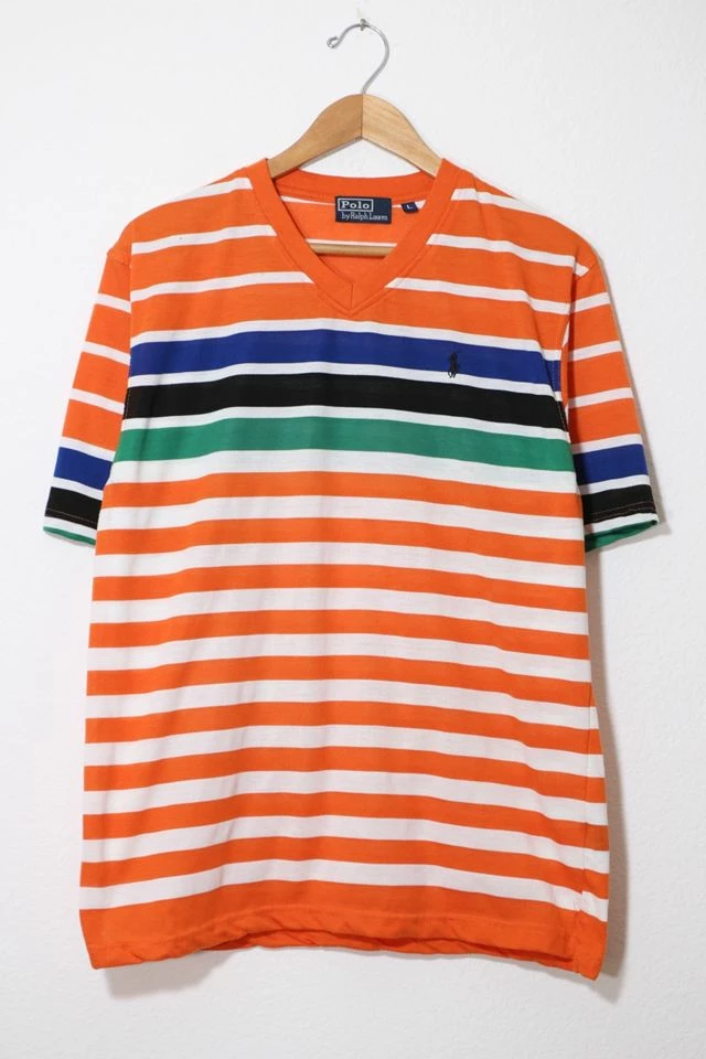 Best Pirce ๐ Men's Vintage Polo Ralph Lauren Striped V-neck ๐ Shirt Orange Multi ๐