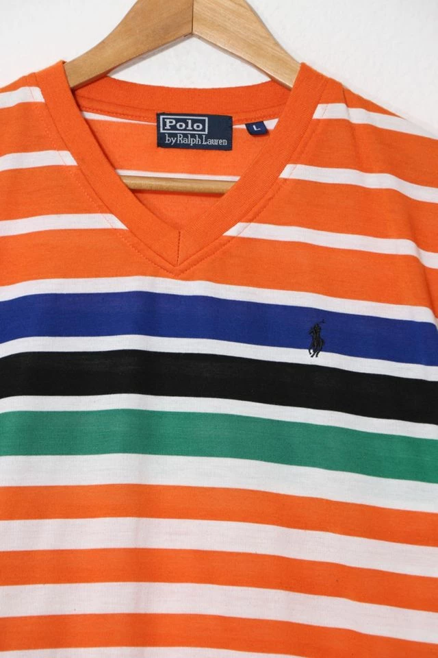 Best Pirce ๐ Men's Vintage Polo Ralph Lauren Striped V-neck ๐ Shirt Orange Multi ๐ - Image 2