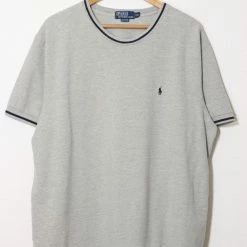 Best Sale 😀 Men's Vintage Polo Ralph Lauren Contrast Collar Crewneck Pique T-shirt Light Grey 🔔