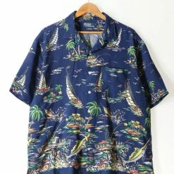 Best deal 🎉 Men's Vintage Polo Ralph Lauren Tropical Print 👚 Shirt Blue Multi 🤩