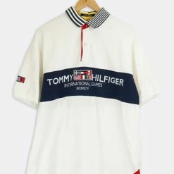 Wholesale 😉 Men's Vintage Tommy Hilfiger International Games Collared T 👚 Shirt White ⭐