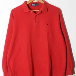 Wholesale 🔔 Men's Vintage Polo Ralph Lauren Heavyweight Pique Long Sleeve Polo 👕 Shirt Red 😉