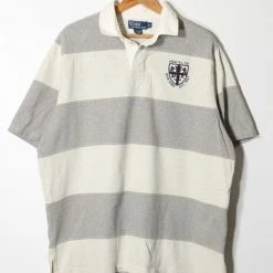 Buy 😉 Men's Vintage Polo Ralph Lauren Quilted Shoulder Short Sleeve Rugby 👕 Shirt Grey Multi 🔥