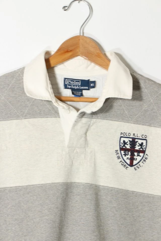 Buy ๐ Men's Vintage Polo Ralph Lauren Quilted Shoulder Short Sleeve Rugby ๐ Shirt Grey Multi ๐ฅ - Image 2