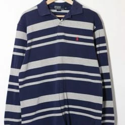 New 👏 Men's Vintage Polo Ralph Lauren Pencil Striped Pique Long Sleeve Polo 👚 Shirt Made In USA Blue Multi 😀