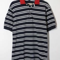 Buy ⌛ Men's Vintage 1980s Polo Ralph Lauren Contrast Collar Striped Pique Polo 👚 Shirt Made In USA Blue Multi ✔️