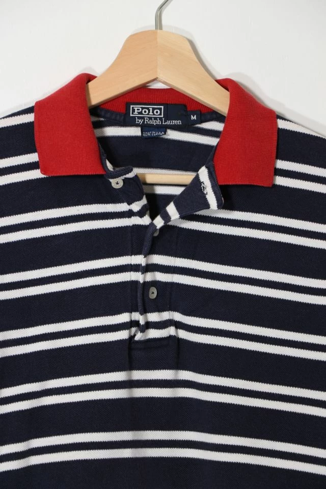 Buy โ Men's Vintage 1980s Polo Ralph Lauren Contrast Collar Striped Pique Polo ๐ Shirt Made In USA Blue Multi โ๏ธ - Image 2