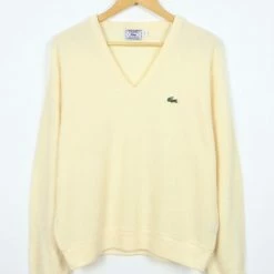 Discount 🔔 Men's Vintage Lacoste V-Neck Sweater Cream 🧨