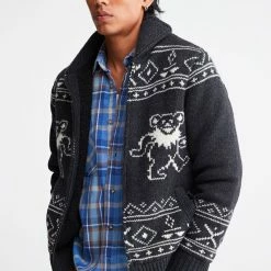 Promo 💯 Men's Schott X Grateful Dead Dancing Bears Zip Sweater Washed Black 🎉