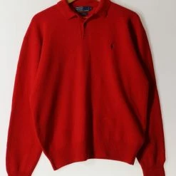Best Sale ❤️ Men's Vintage Polo Ralph Lauren Lambswool Polo Collar Sweater Made In Hong Kong Red 🥰