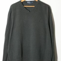 Hot Sale 🔥 Men's Vintage Polo Ralph Lauren Ribbed Jersey V-neck Sweater Made In Hong Kong Dark Grey 👏