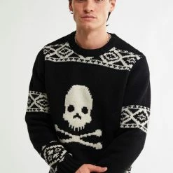 Hot Sale ⌛ Men's Schott Skull Crew Neck Sweater Black 🌟