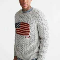 Deals ⌛ Men's Polo Ralph Lauren Flag Sweater Grey Multi ⭐