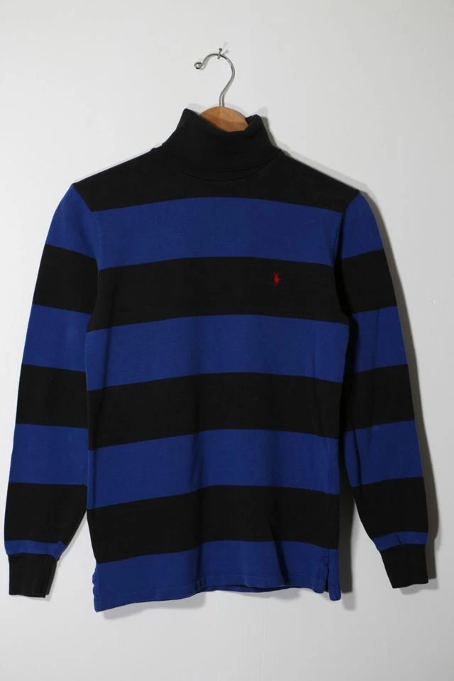 Hot Sale ๐ Men's Vintage 1980s Polo Ralph Lauren Pique Fleece Awning Striped Turtleneck Pullover Sweater Made In USA Black Multi ๐ฏ