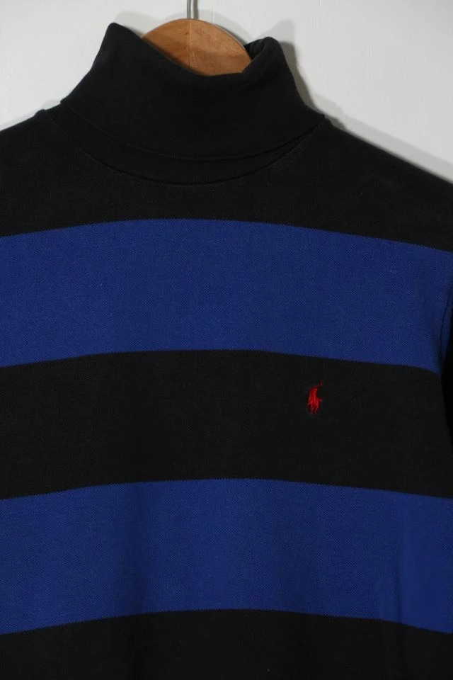 Hot Sale ๐ Men's Vintage 1980s Polo Ralph Lauren Pique Fleece Awning Striped Turtleneck Pullover Sweater Made In USA Black Multi ๐ฏ - Image 2