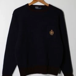 Top 10 🎉 Men's Vintage Polo Ralph Lauren Heavyweight Lambswool Crested Pocketed Crewneck Sweater Made In Hong Kong Navy 👏