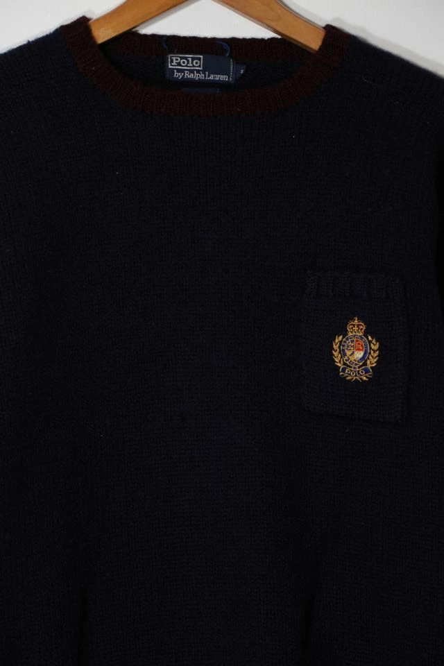 Top 10 🎉 Men's Vintage Polo Ralph Lauren Heavyweight Lambswool Crested Pocketed Crewneck Sweater Made In Hong Kong Navy 👏 - Image 2