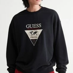 Outlet 🥰 Men's GUESS ORIGINALS Ryan Leather Triangle Crew Neck Sweatshirt Black 😀