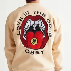 Deals 👍 Men's OBEY UO Exclusive Love Is A Drug Crew Neck Sweatshirt Cream ⌛