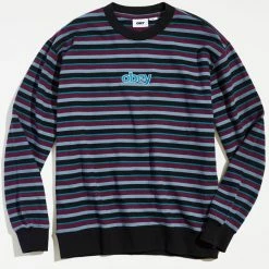 Coupon 😀 Men's OBEY Anden Stripe Crew Neck Sweatshirt Blue Multi 🎉