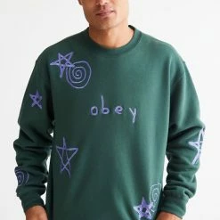 Hot Sale 👍 Men's OBEY Gazin Embroidered Crew Neck Sweatshirt Green 🔥