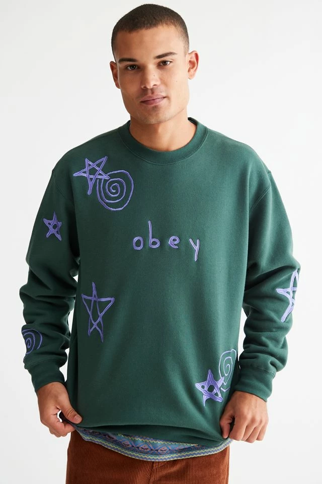 Hot Sale π Men's OBEY Gazin Embroidered Crew Neck Sweatshirt Green π₯