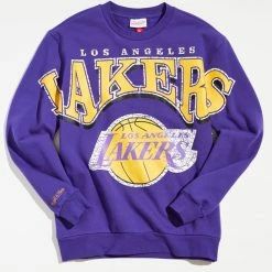 Promo 🤩 Men's Mitchell & Ness NBA Stretch Los Angeles Lakers Crew Neck Sweatshirt Purple ✔️