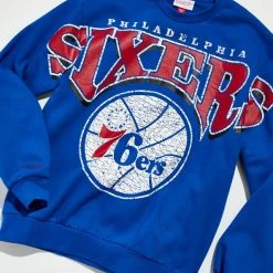 Best Sale 😍 Men's Mitchell & Ness NBA Stretch Philadelphia 76ers Crew Neck Sweatshirt Blue 🛒