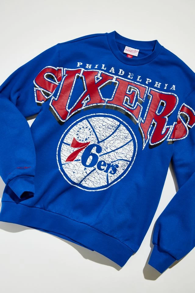 Best Sale ๐ Men's Mitchell & Ness NBA Stretch Philadelphia 76ers Crew Neck Sweatshirt Blue ๐