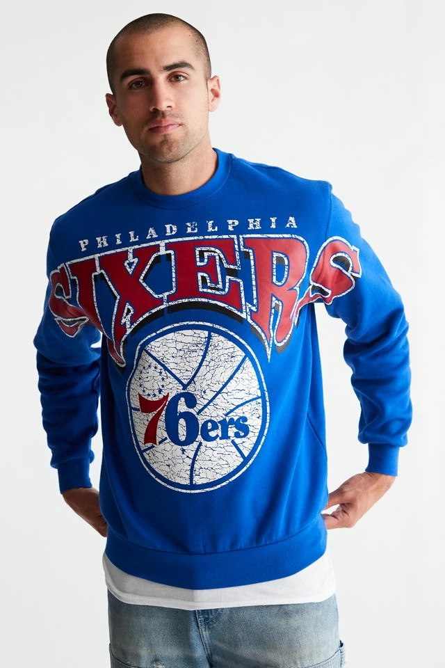 Best Sale ๐ Men's Mitchell & Ness NBA Stretch Philadelphia 76ers Crew Neck Sweatshirt Blue ๐ - Image 3