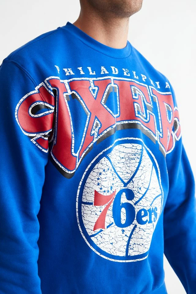 Best Sale ๐ Men's Mitchell & Ness NBA Stretch Philadelphia 76ers Crew Neck Sweatshirt Blue ๐ - Image 5