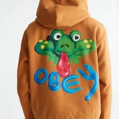 Promo 🧨 Men's OBEY Clay Frog Hoodie Sweatshirt Brown 🔥