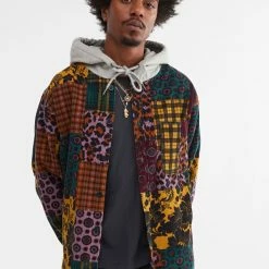 Hot Sale ⭐ Urban Outfitters Men's UO Patterned Cord Hooded Overshirt Brown Multi 🧨