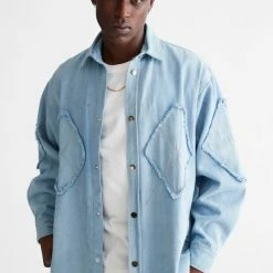 Wholesale 😉 David Catalán Men's David Catalan Rhombus Collared Denim 👚 Shirt Light Blue 🥰