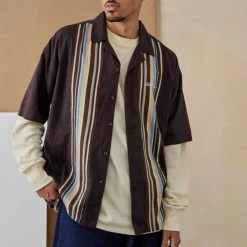 Best Sale ✔️ Men's Iets Frans... Brown Stripe Bowling 👚 Shirt Brown 🔥