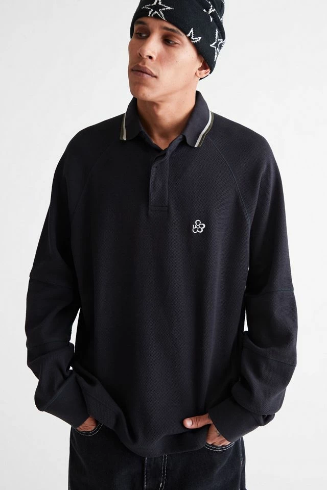 Budget π€© Urban Outfitters Men's UO Fisheye Heavyweight Long Sleeve Polo π Shirt Black π