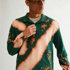 Wholesale 😀 Men's Urban Renewal Remade Bleach Splatter Long Sleeve Polo 👚 Shirt Dark 🤩