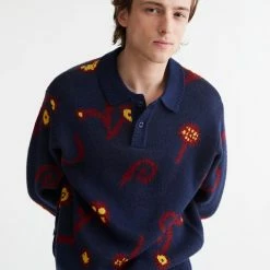 Buy 🌟 Men's OBEY Washed Polo Collar Sweater Navy 😉